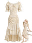[Prevendita] 2PCS Top Beige Anni '70 in Pizzo con Volant e Gonna Asimmetrico