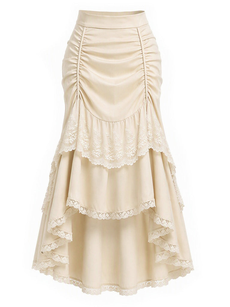 [Prevendita] Gonna Beige Anni '70 in Pizzo Asimmetrico a Vita Alta a Balze con Volant 2