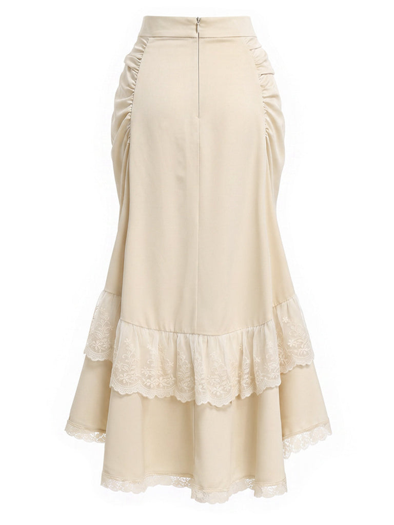 [Prevendita] Gonna Beige Anni '70 in Pizzo Asimmetrico a Vita Alta a Balze con Volant 4