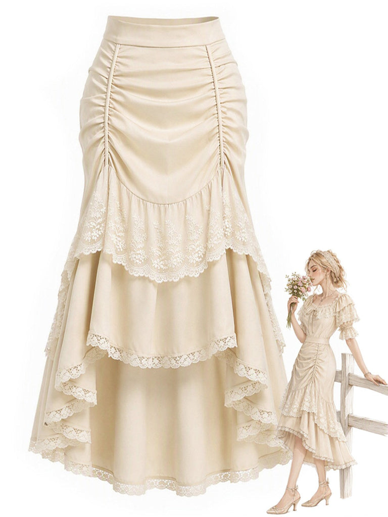 [Prevendita] Gonna Beige Anni '70 in Pizzo Asimmetrico a Vita Alta a Balze con Volant