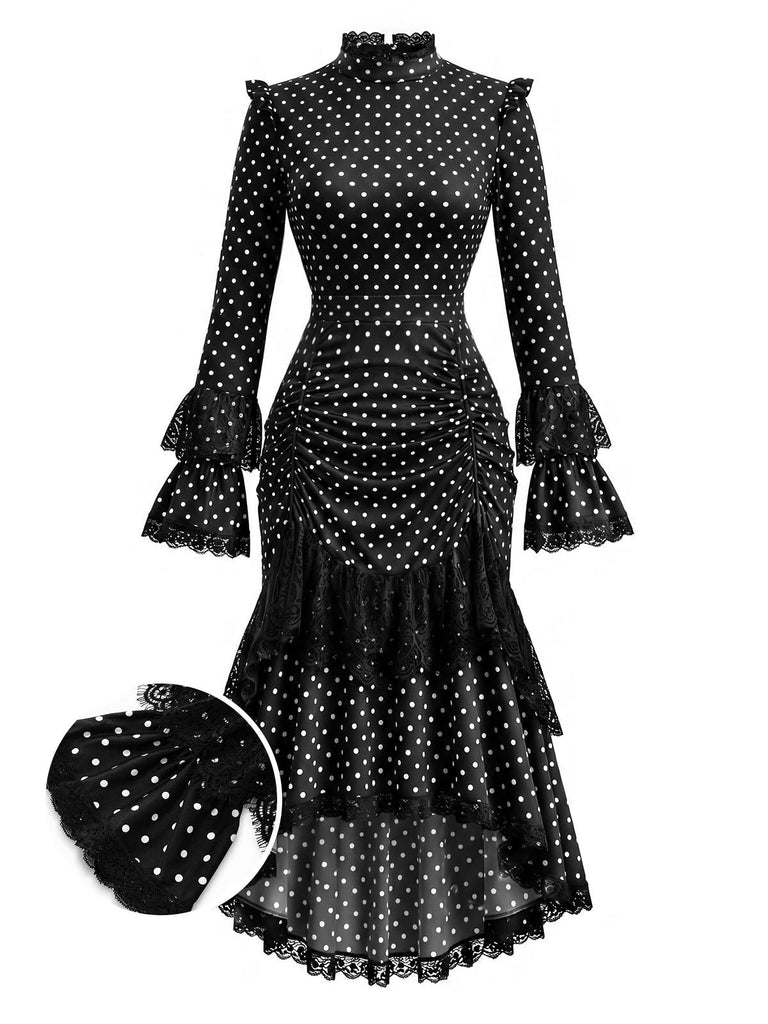 [Prevendita] Abito Black And Bianco Anni '70 Gotico a Pois in Pizzo Patchwork Arricciato 2