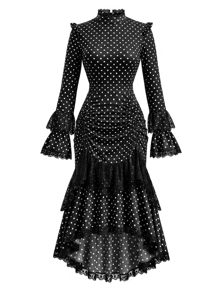 [Prevendita] Abito Black And Bianco Anni '70 Gotico a Pois in Pizzo Patchwork Arricciato 3