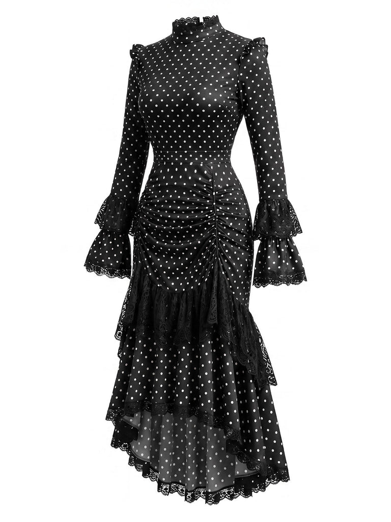 [Prevendita] Abito Black And Bianco Anni '70 Gotico a Pois in Pizzo Patchwork Arricciato 4