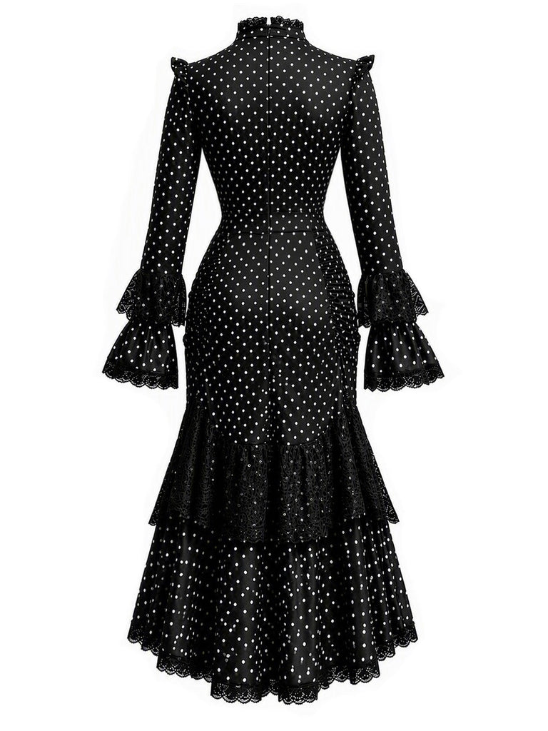 [Prevendita] Abito Black And Bianco Anni '70 Gotico a Pois in Pizzo Patchwork Arricciato 5