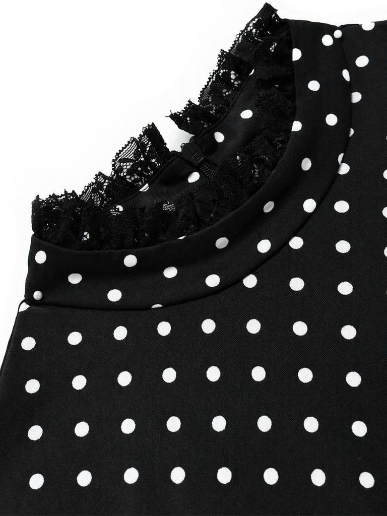 [Prevendita] Abito Black And Bianco Anni '70 Gotico a Pois in Pizzo Patchwork Arricciato 7