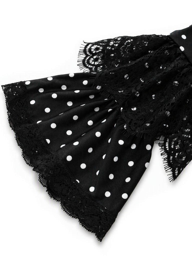 [Prevendita] Abito Black And Bianco Anni '70 Gotico a Pois in Pizzo Patchwork Arricciato 8