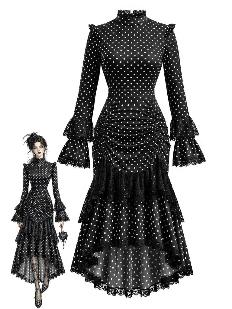 [Prevendita] Abito Black And Bianco Anni '70 Gotico a Pois in Pizzo Patchwork Arricciato