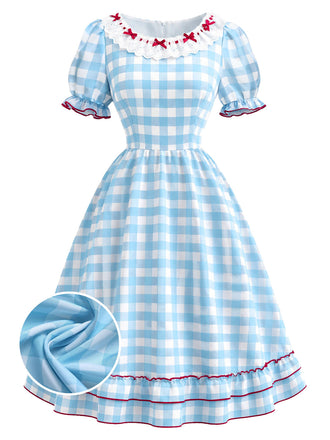 [Prevendita] Abito Blu e Bianco Anni '40 a Quadri in Pizzo con Fiocco con Volant 2