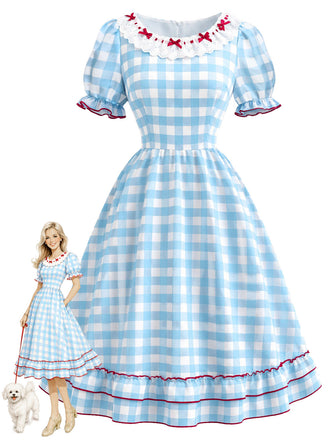 [Prevendita] Abito Blu e Bianco Anni '40 a Quadri in Pizzo con Fiocco con Volant