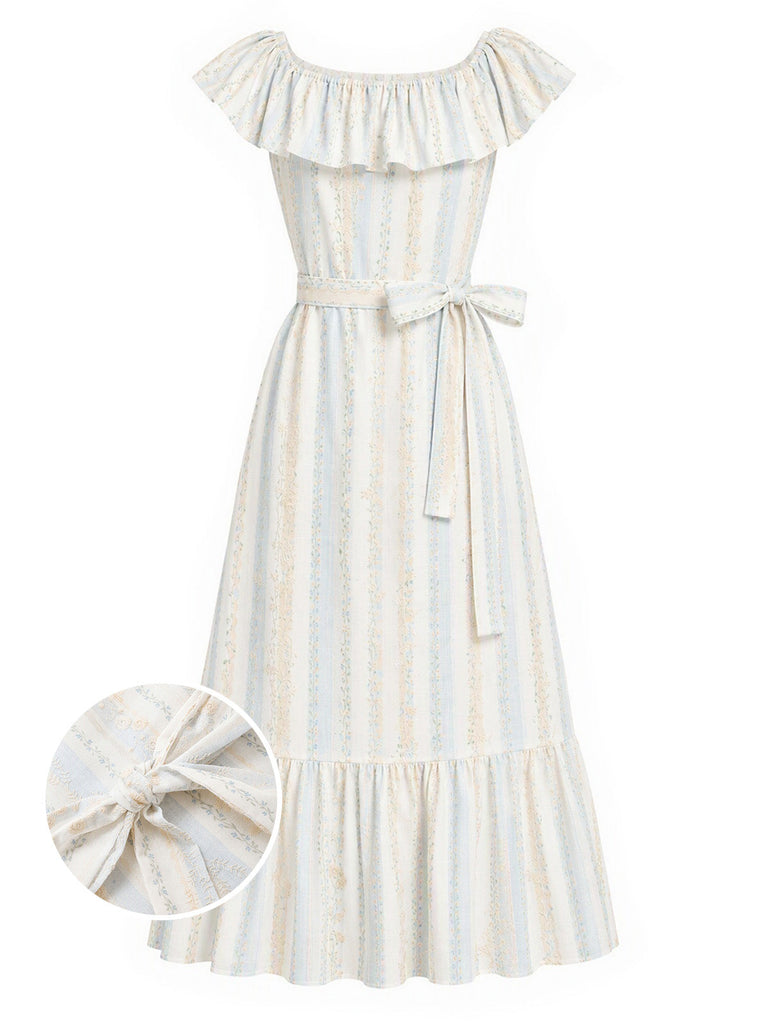 [Prevendita] Abito Rosa Anni '30 Embroidered Floreale a Righe Convertible con Volant Scollo