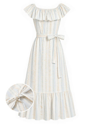 [Prevendita] Abito Rosa Anni '30 Embroidered Floreale a Righe Convertible con Volant Scollo