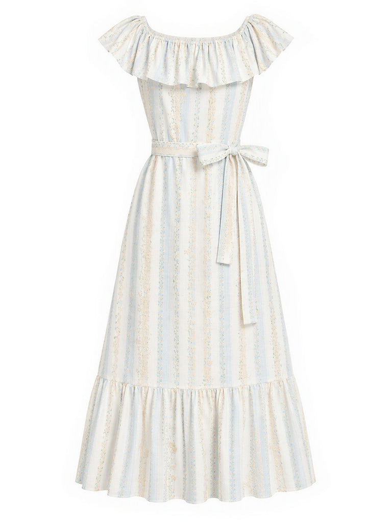 [Prevendita] Abito Rosa Anni '30 Embroidered Floreale a Righe Convertible con Volant Scollo 2