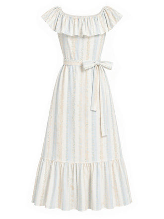 [Prevendita] Abito Rosa Anni '30 Embroidered Floreale a Righe Convertible con Volant Scollo 2