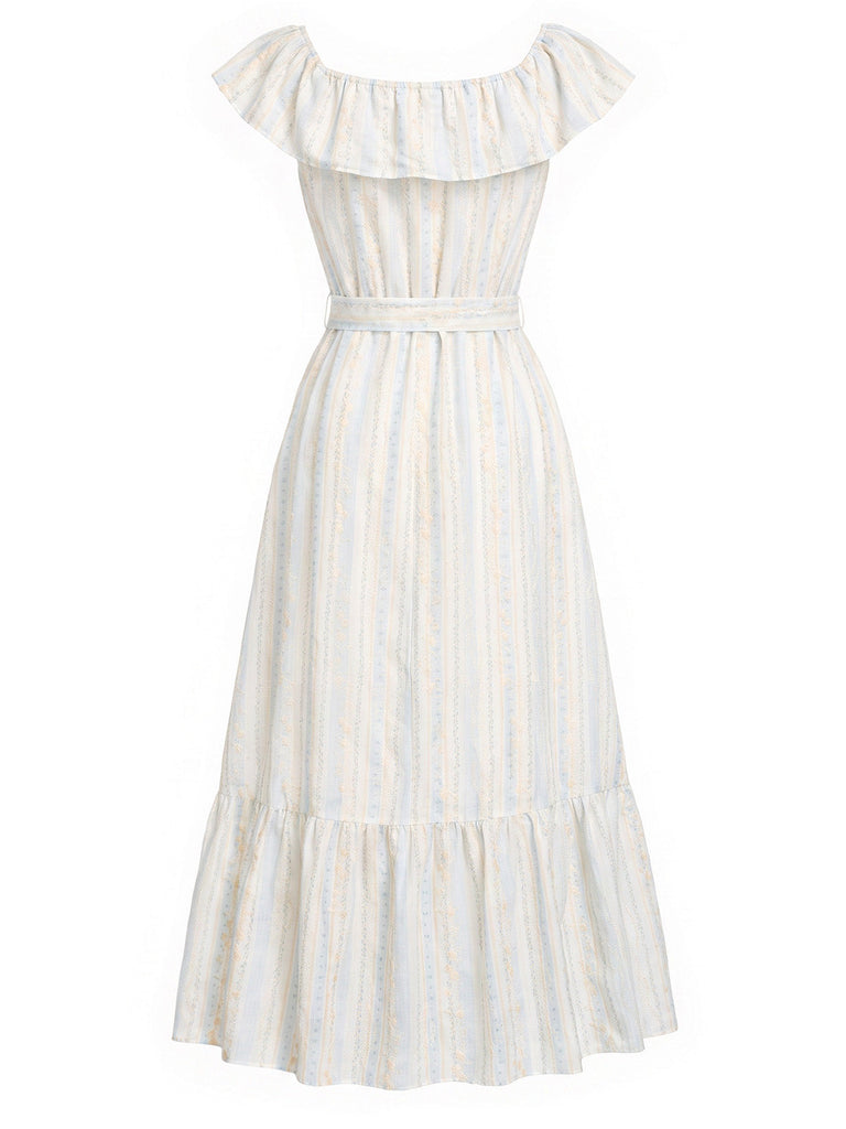 [Prevendita] Abito Rosa Anni '30 Embroidered Floreale a Righe Convertible con Volant Scollo 4