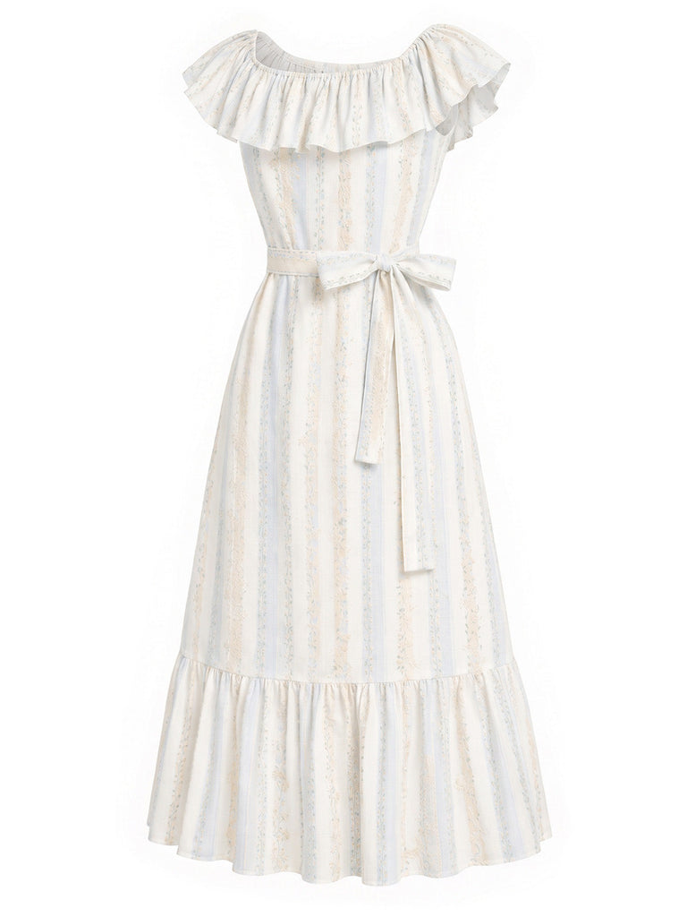 [Prevendita] Abito Rosa Anni '30 Embroidered Floreale a Righe Convertible con Volant Scollo 3