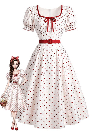 [Prevendita] Abito Rosso e Bianco Anni '50 a Pois Scollo Quadrato con Fiocco