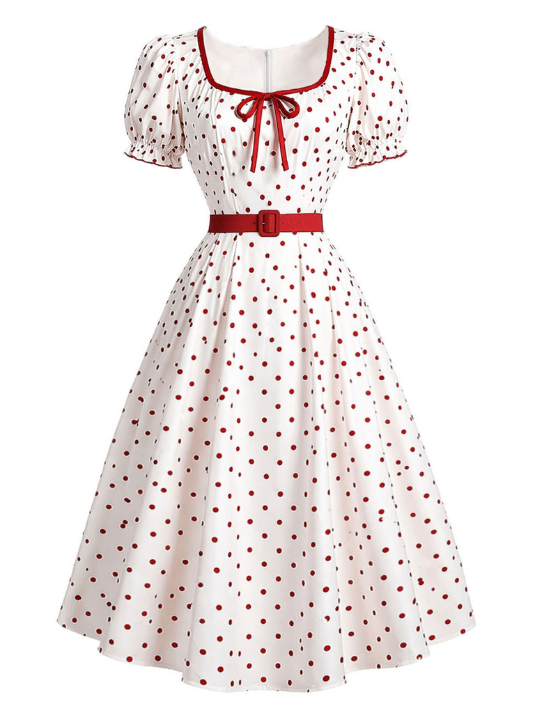 [Prevendita] Abito Rosso e Bianco Anni '50 a Pois Scollo Quadrato con Fiocco 2