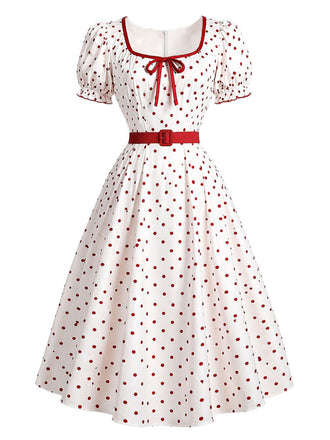 [Prevendita] Abito Rosso e Bianco Anni '50 a Pois Scollo Quadrato con Fiocco 2