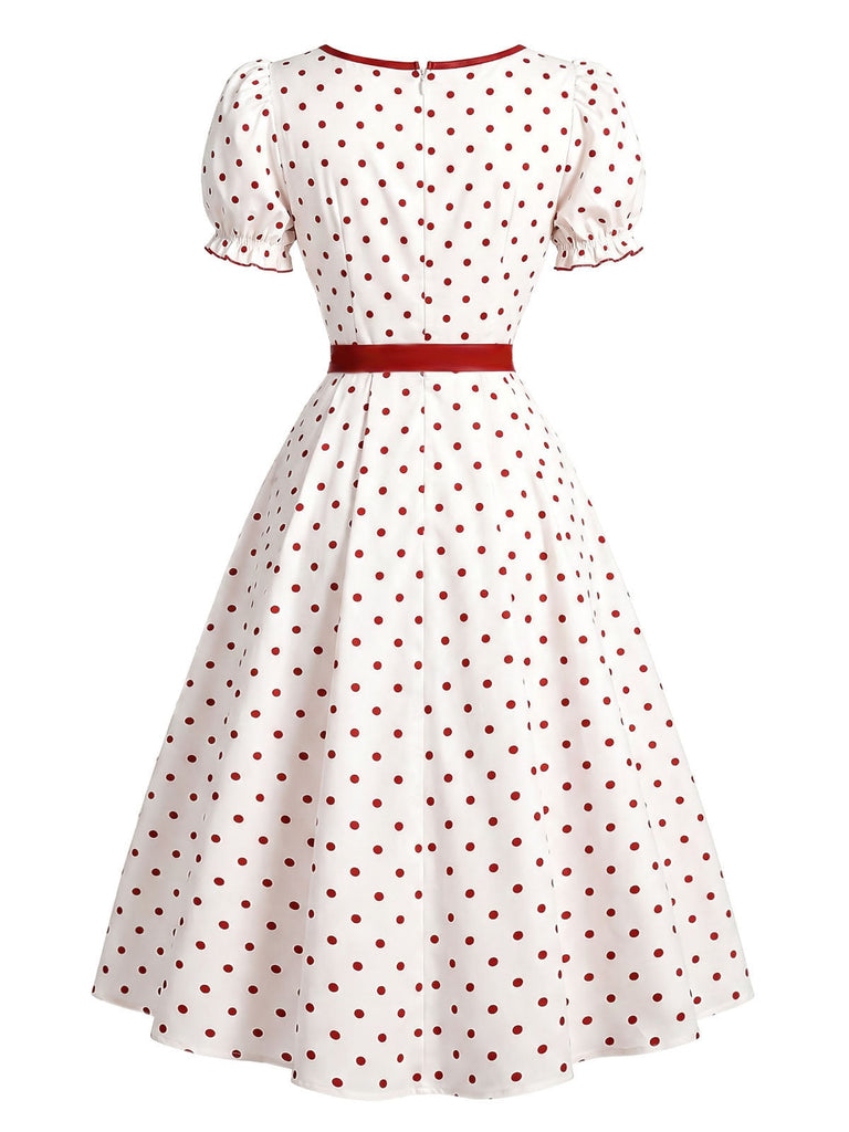 [Prevendita] Abito Rosso e Bianco Anni '50 a Pois Scollo Quadrato con Fiocco 3