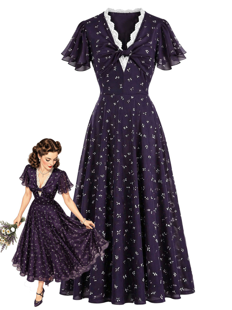 [Prevendita] Abito anni '30 viola scuro con fiori e scollo a V e bordo in pizzo