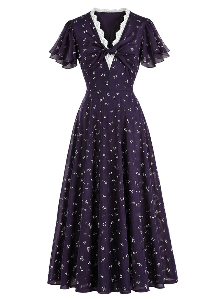 [Prevendita] Abito anni '30 viola scuro con fiori e scollo a V e bordo in pizzo 2