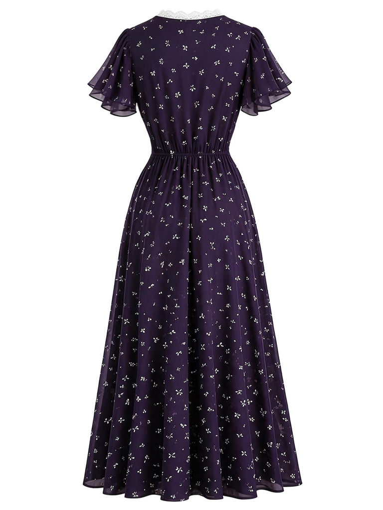 [Prevendita] Abito anni '30 viola scuro con fiori e scollo a V e bordo in pizzo 3