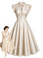[Prevendita] Abito a Ruota Beige Anni '50 in Raso con Scollo a V e Maniche ad Aletta