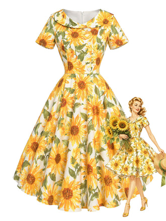 [Prevendita] Abito a Ruota Giallo Scuro Anni '50 Stampa Girasoli Colletto Peter Pan
