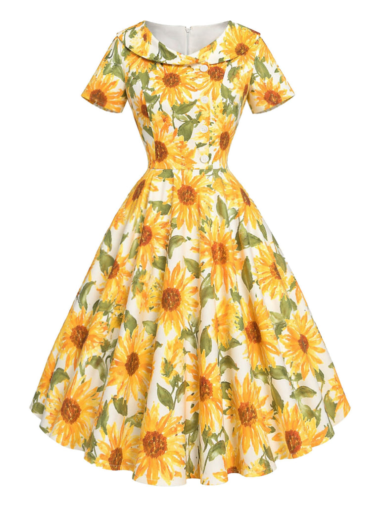 [Prevendita] Abito a Ruota Giallo Scuro Anni '50 Stampa Girasoli Colletto Peter Pan 2