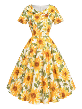 [Prevendita] Abito a Ruota Giallo Scuro Anni '50 Stampa Girasoli Colletto Peter Pan 2