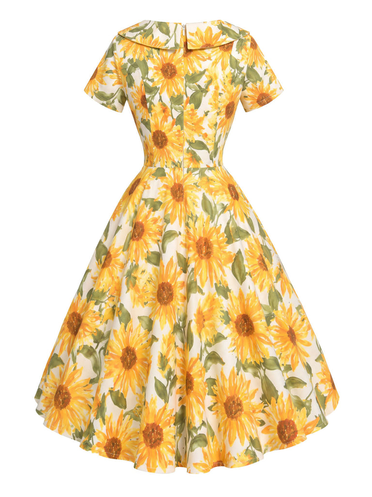 [Prevendita] Abito a Ruota Giallo Scuro Anni '50 Stampa Girasoli Colletto Peter Pan 3