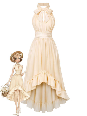 [Prevendita] Abito Beige Anni '30 con Scollo All'americana Arricciato Orlo Asimmetrico e Volant