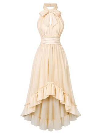 [Prevendita] Abito Beige Anni '30 con Scollo All'americana Arricciato Orlo Asimmetrico e Volant 2