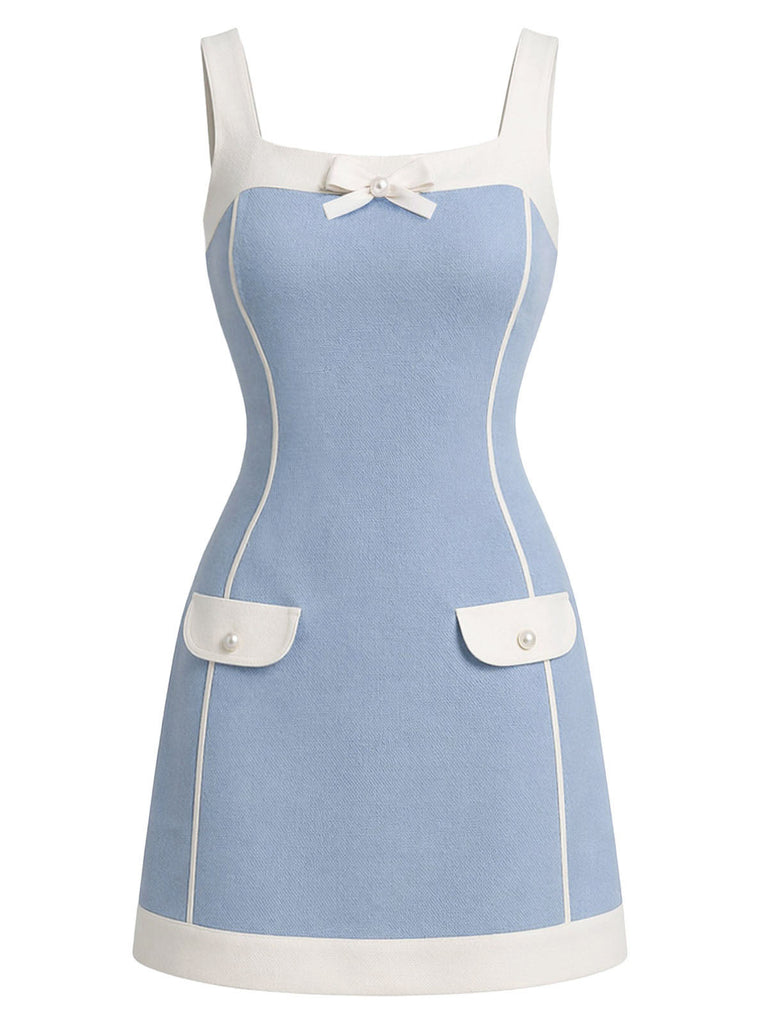 [Prevendita] Abito Azzurro Chiaro Anni '60 Scollo Quadrato Colorblock con Fiocco Linea A 2