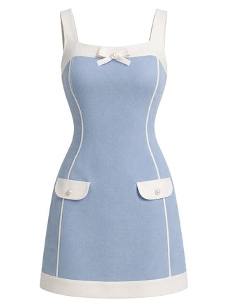 [Prevendita] Abito Azzurro Chiaro Anni '60 Scollo Quadrato Colorblock con Fiocco Linea A 2