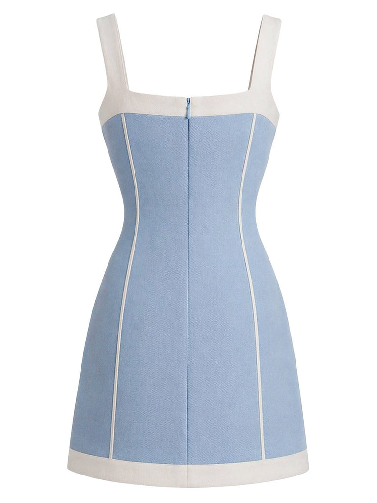 [Prevendita] Abito Azzurro Chiaro Anni '60 Scollo Quadrato Colorblock con Fiocco Linea A 3