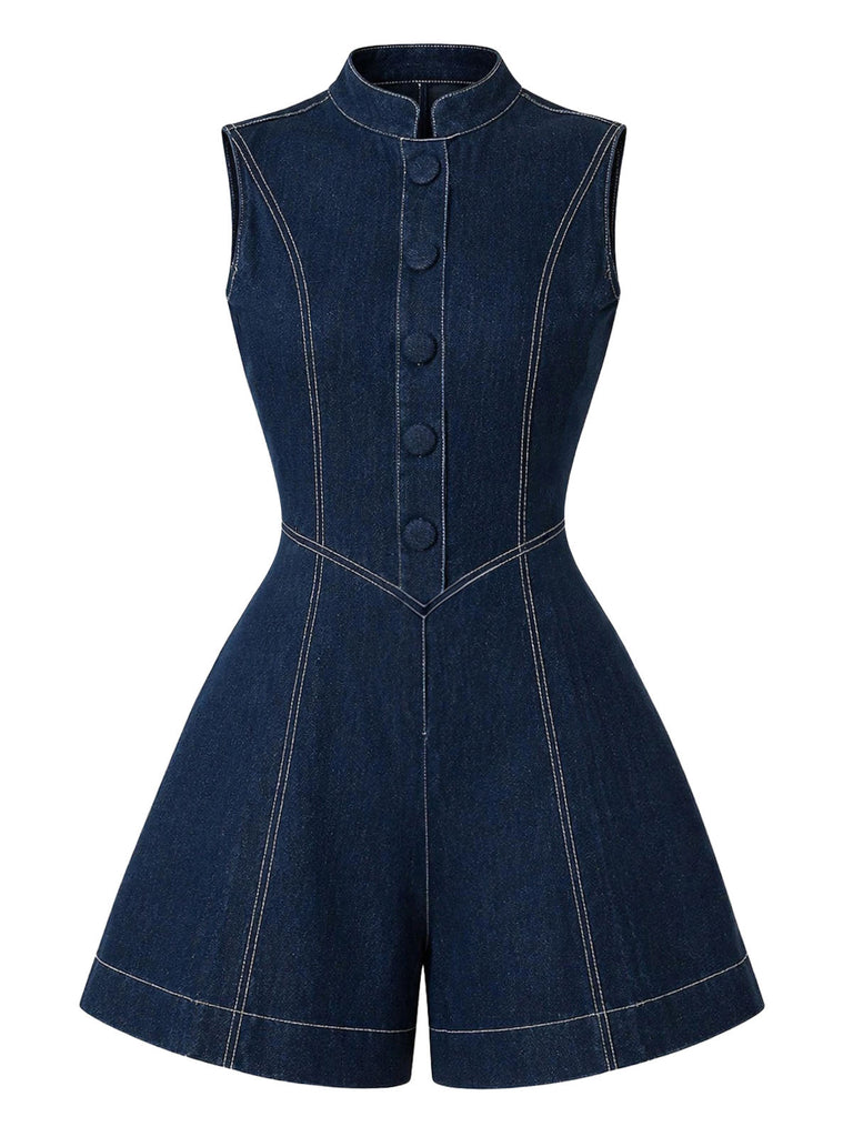 [Prevendita] Tuta Corta Blu in Denim Collo alla Coreana Senza Maniche con Bottoni Anni '80