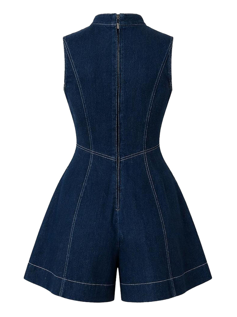 [Prevendita] Tuta Corta Blu in Denim Collo alla Coreana Senza Maniche con Bottoni Anni '80 2
