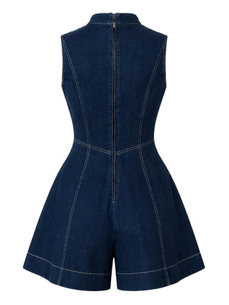 [Prevendita] Tuta Corta Blu in Denim Collo alla Coreana Senza Maniche con Bottoni Anni '80 2