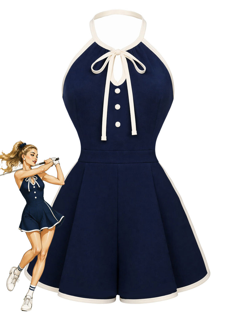 [Prevendita] Tuta Corta Blu Navy Anni '70 Scollo all'Americana con Nodo Davanti Profili a Contrasto