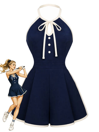[Prevendita] Tuta Corta Blu Navy Anni '70 Scollo all'Americana con Nodo Davanti Profili a Contrasto
