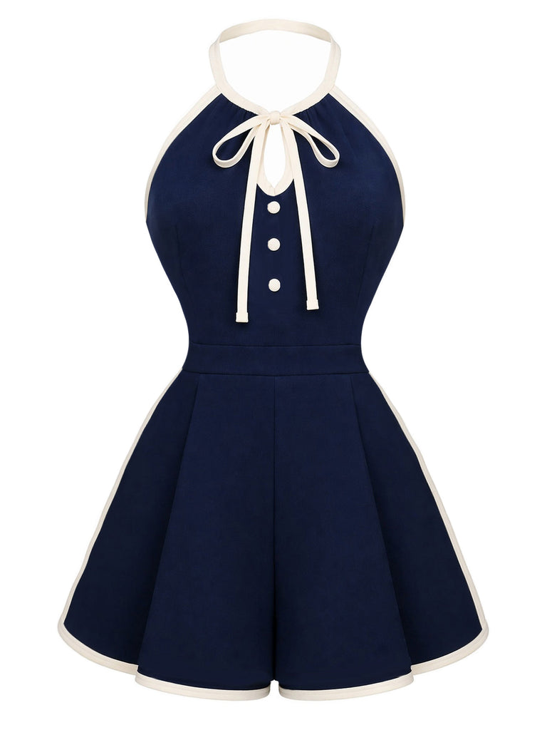 [Prevendita] Tuta Corta Blu Navy Anni '70 Scollo all'Americana con Nodo Davanti Profili a Contrasto 2