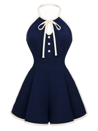 [Prevendita] Tuta Corta Blu Navy Anni '70 Scollo all'Americana con Nodo Davanti Profili a Contrasto 2