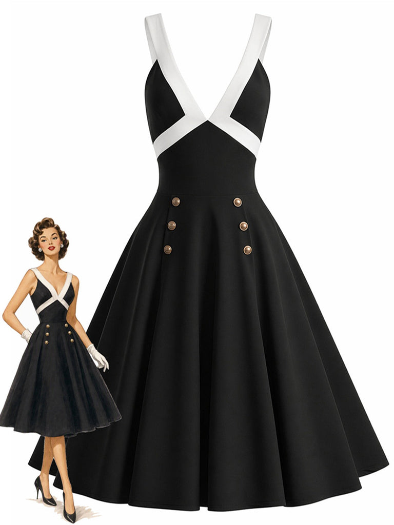 [Prevendita] Abito a Ruota Nero Anni '50 Contrast Deep V Double Buttons