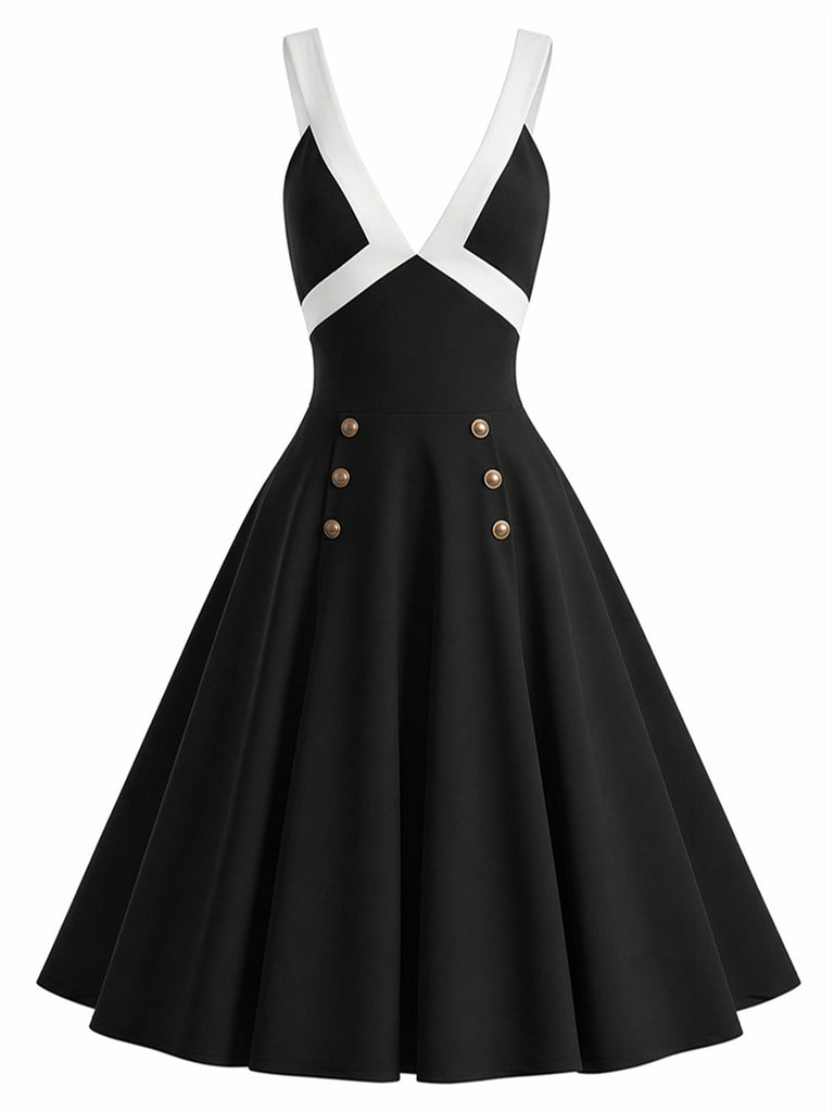 [Prevendita] Abito a Ruota Nero Anni '50 Contrast Deep V Double Buttons 2