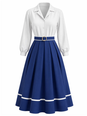 [Prevendita] Abito a Ruota Bianco e Blu Anni '50 Effetto Due Pezzi con Revers Bordo a Contrasto e Cintura 2