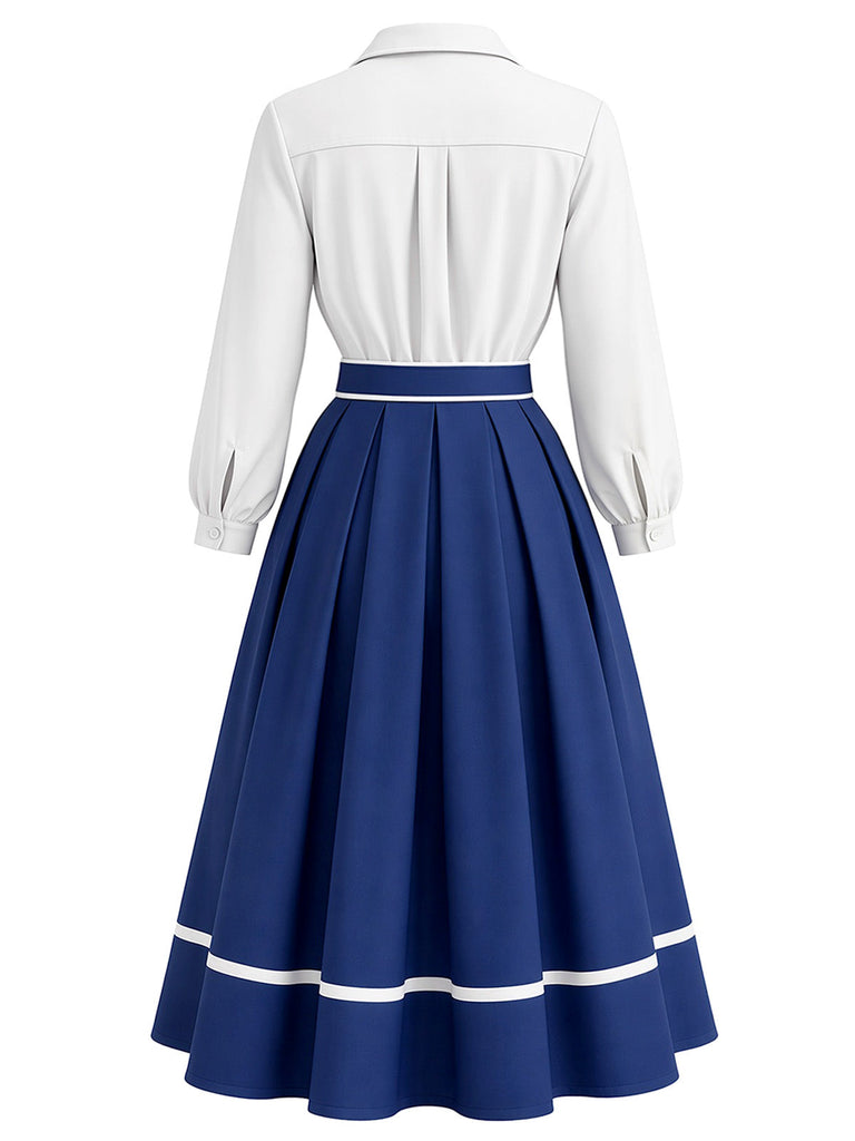 [Prevendita] Abito a Ruota Bianco e Blu Anni '50 Effetto Due Pezzi con Revers Bordo a Contrasto e Cintura 3