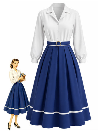 [Prevendita] Abito a Ruota Bianco e Blu Anni '50 Effetto Due Pezzi con Revers Bordo a Contrasto e Cintura