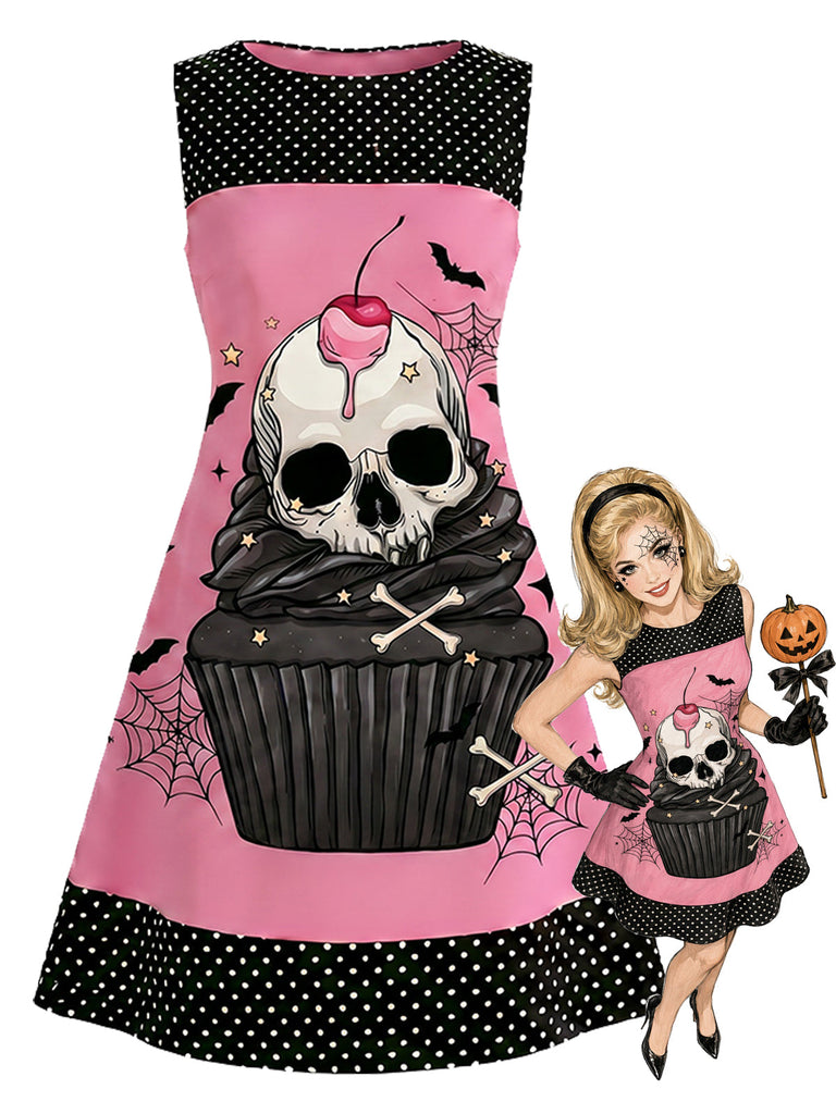 [Prevendita] Abito Rosa Pesca Anni '60 Teschio Cupcake a Pois Linea a