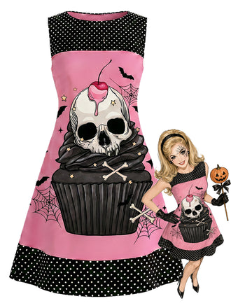 [Prevendita] Abito Rosa Pesca Anni '60 Teschio Cupcake a Pois Linea a